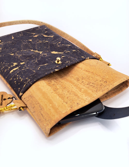 cork handbag navy gold open front
