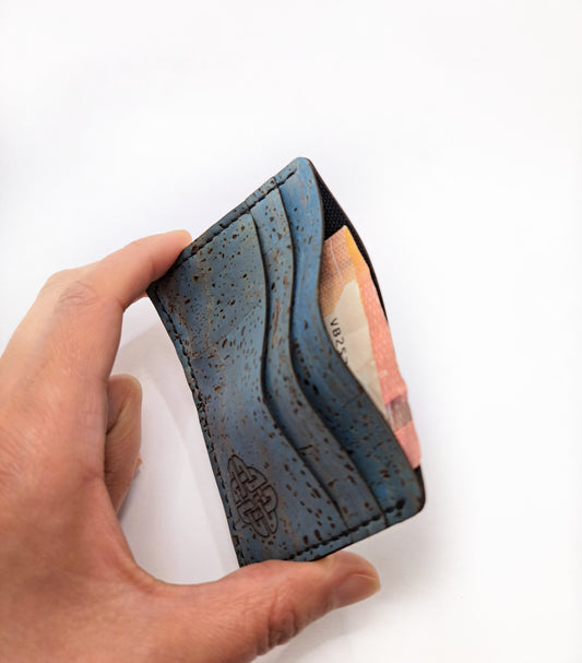 cork slim wallet, card holder blue open