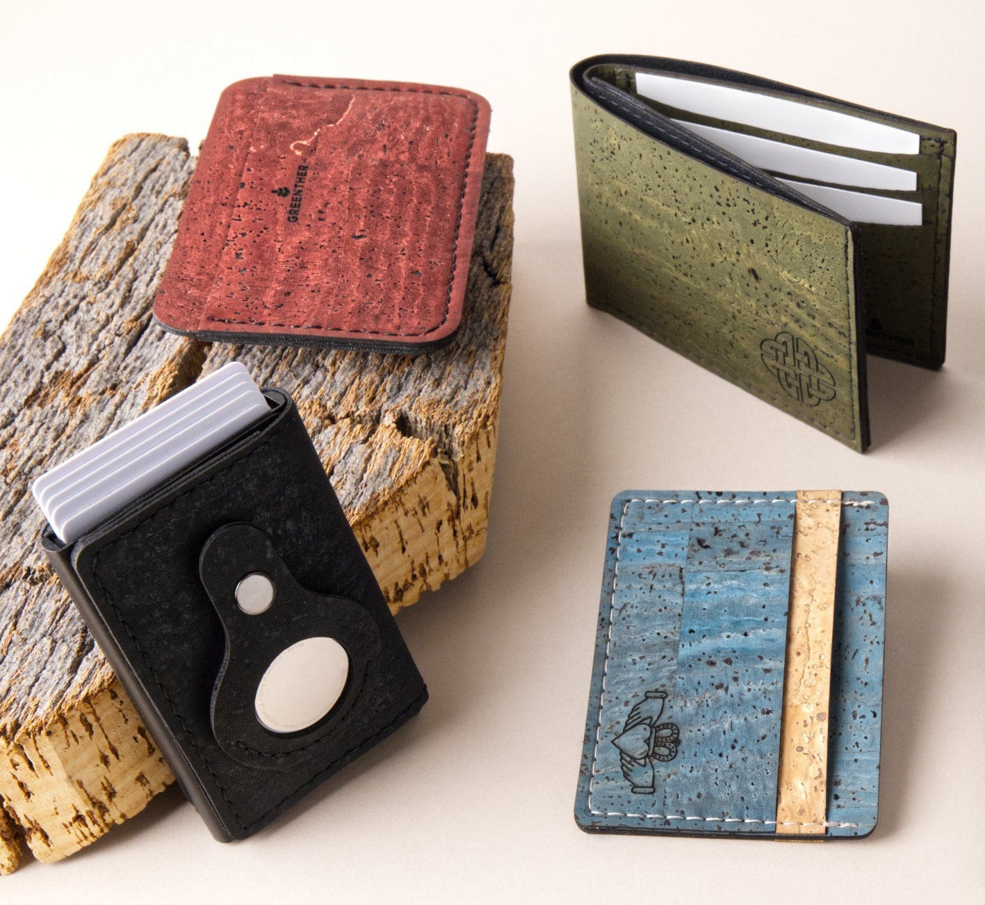 Collection of cork wallets and card holders on a light background