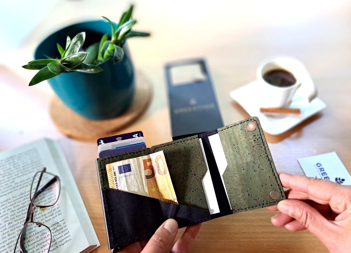 Personalized Green Cork RFID Wallet open