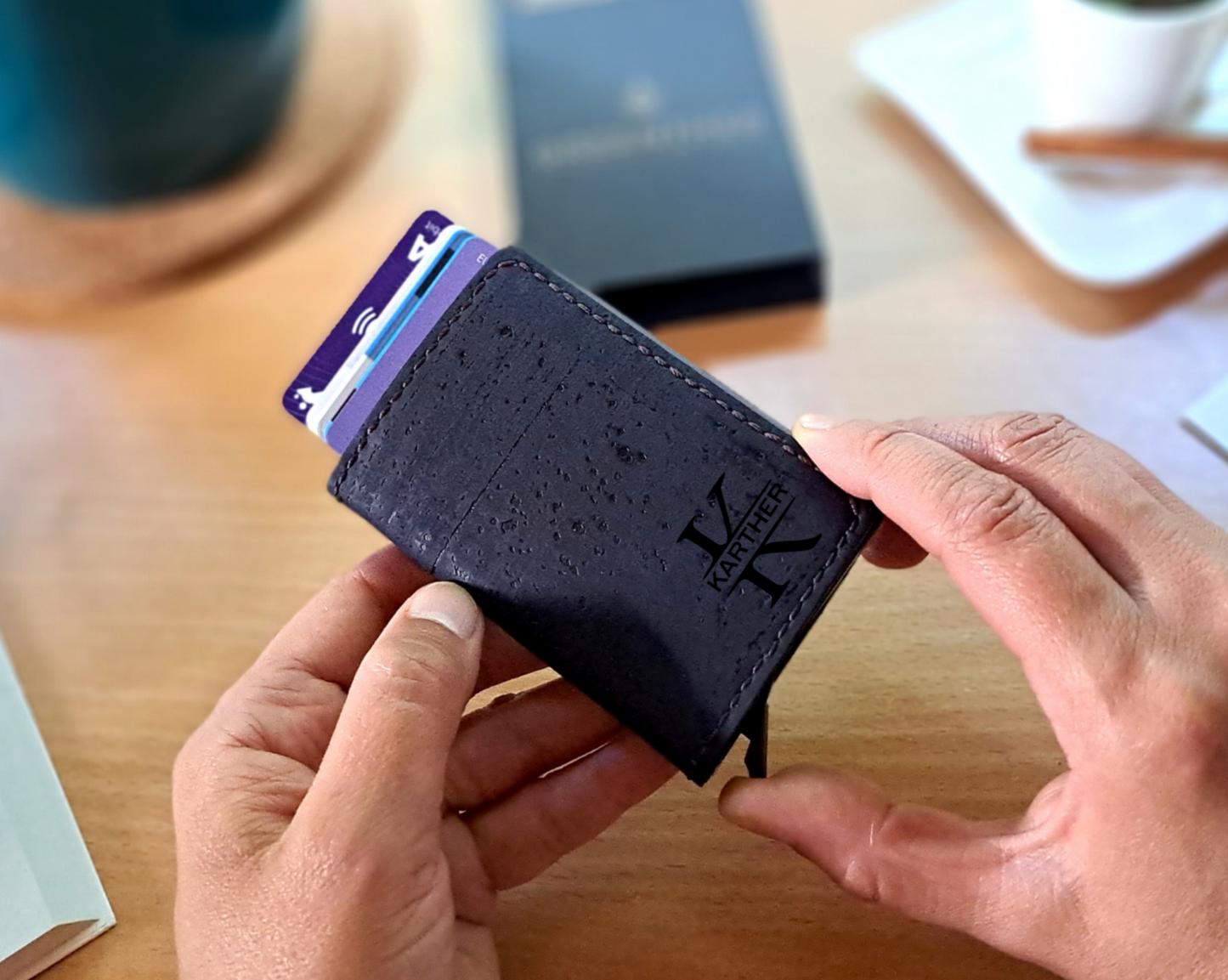 Personalized Navy Cork RFID Wallet close up
