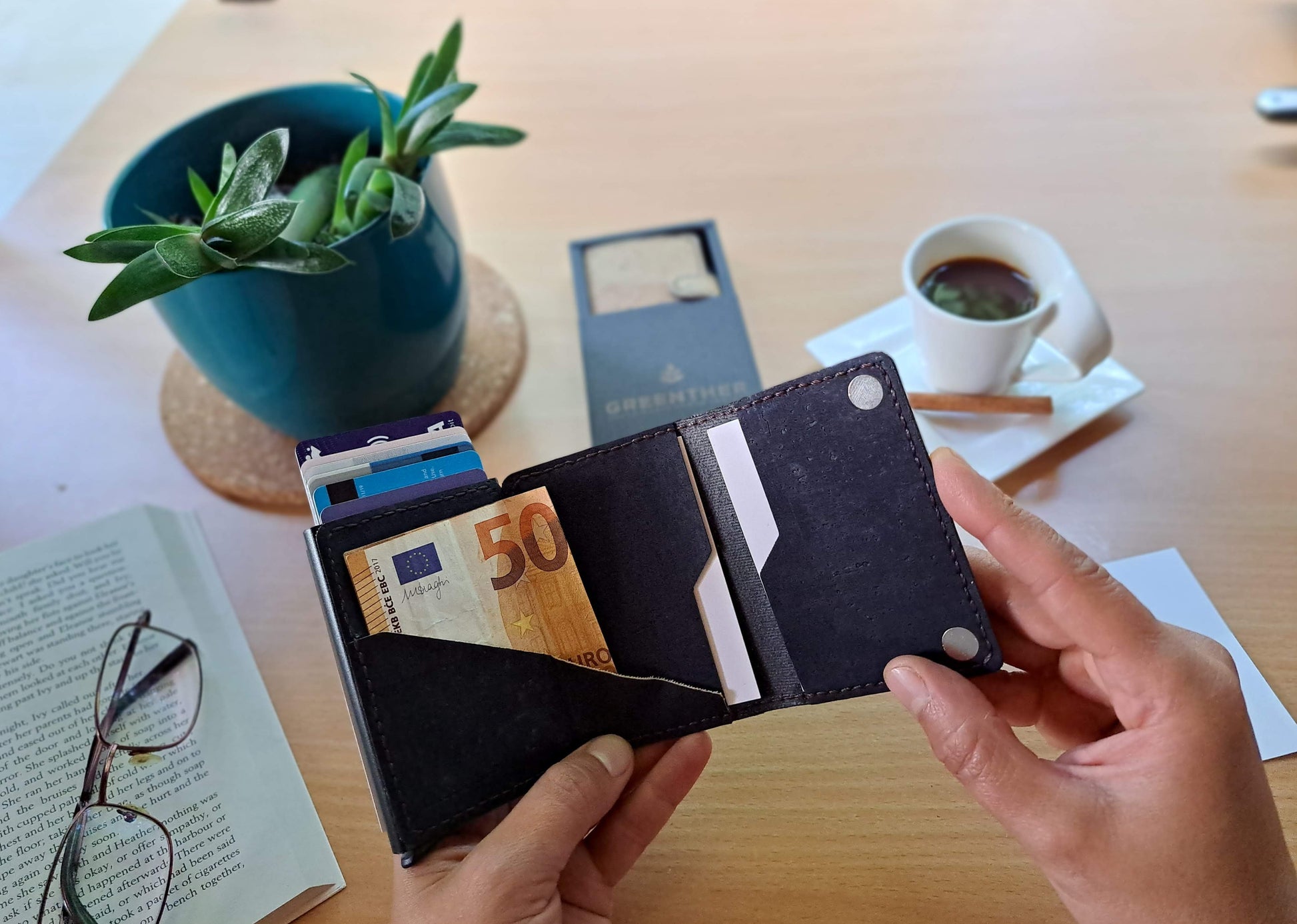 Personalized Navy Cork RFID Wallet open 