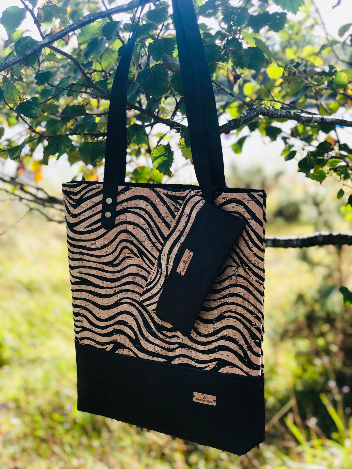 Zebra and black cork leather tote shoulder bag