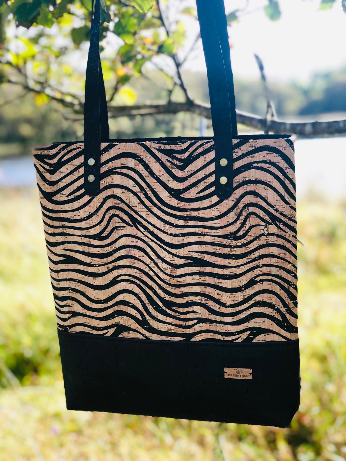 Zebra and black cork leather tote shoulder bag